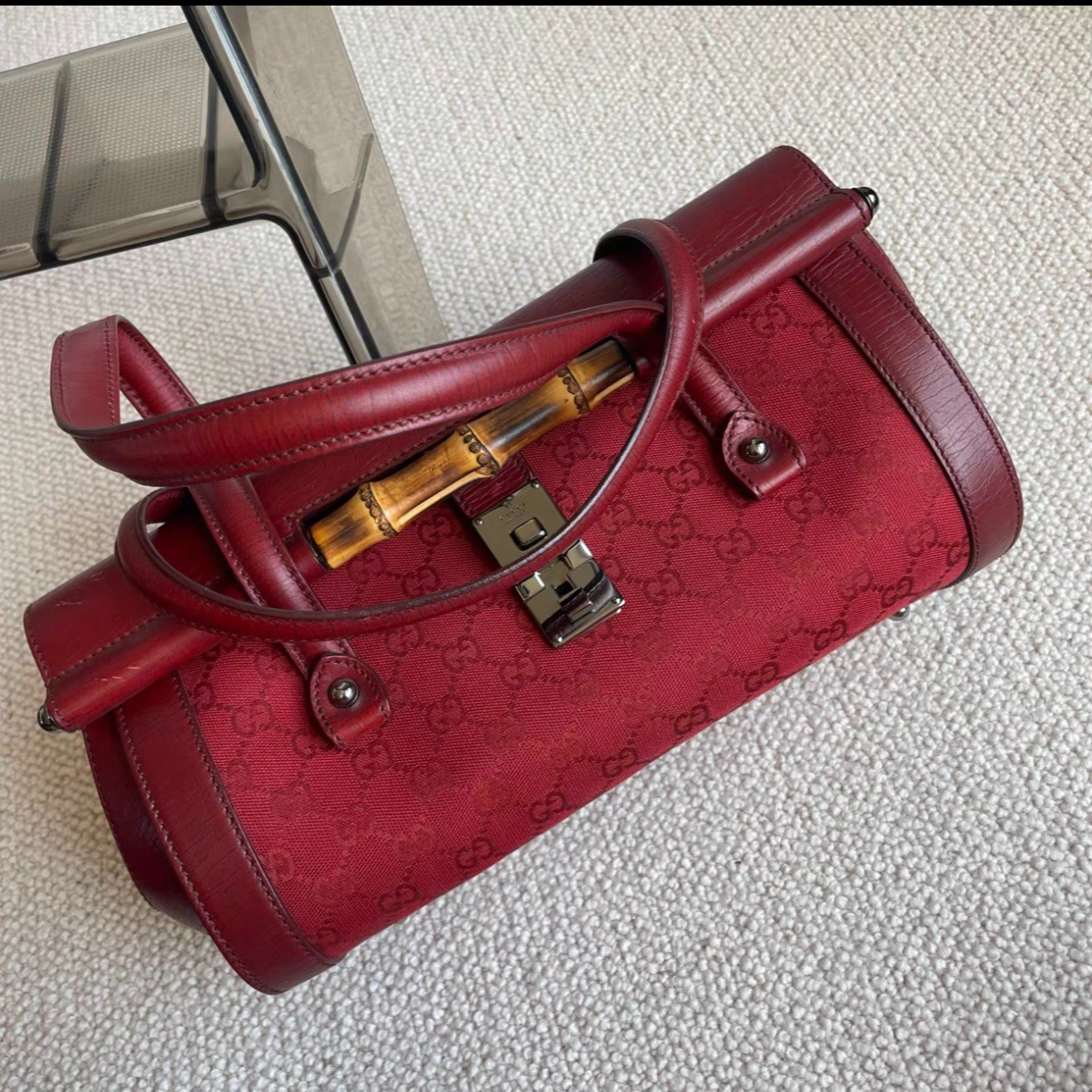 99新 GUCCI/古驰 Gucci竹节圆筒红色手提包