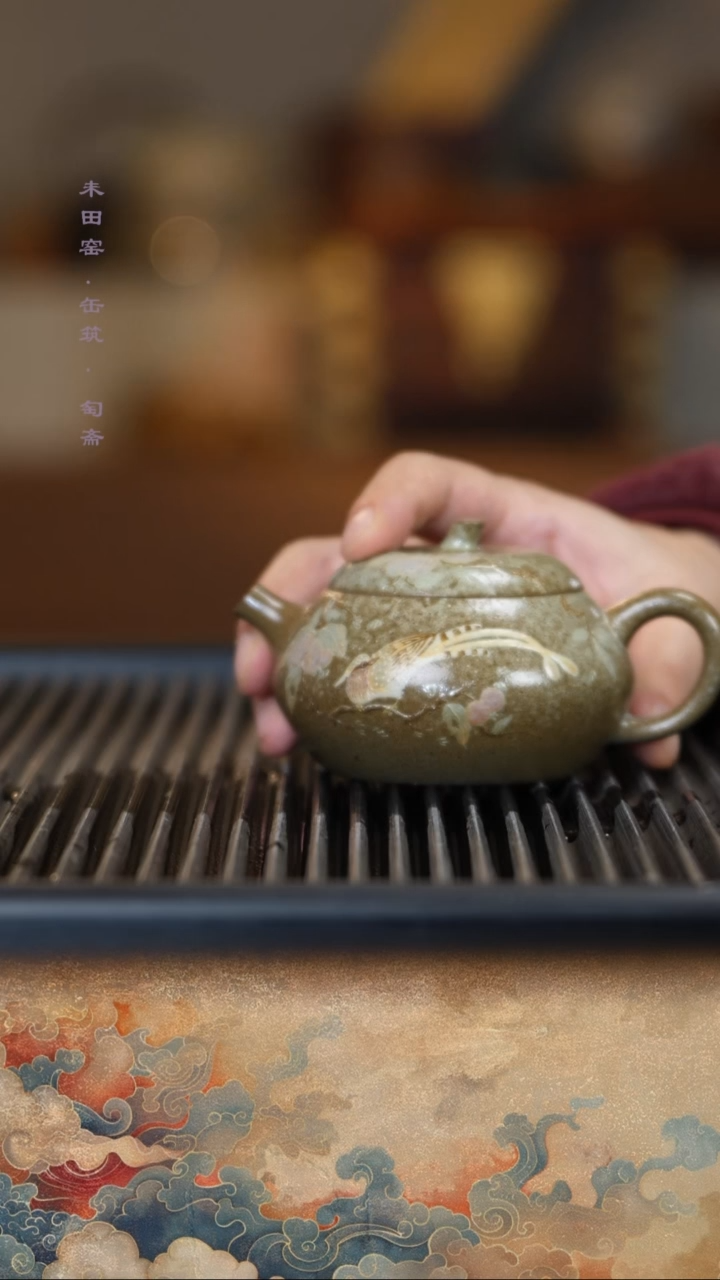 茶壶紫砂柴烧豆青料绶带鸟茄瓜180cc