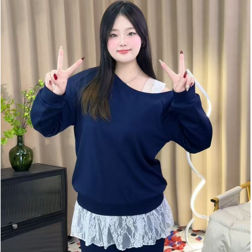 斜领露肩宽松长袖卫衣蕾丝吊带背心拖地休闲裤女早秋新款时尚套装