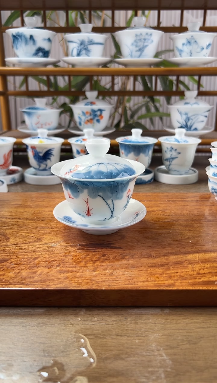 微瑕高冰线条莲150ml三才盖碗