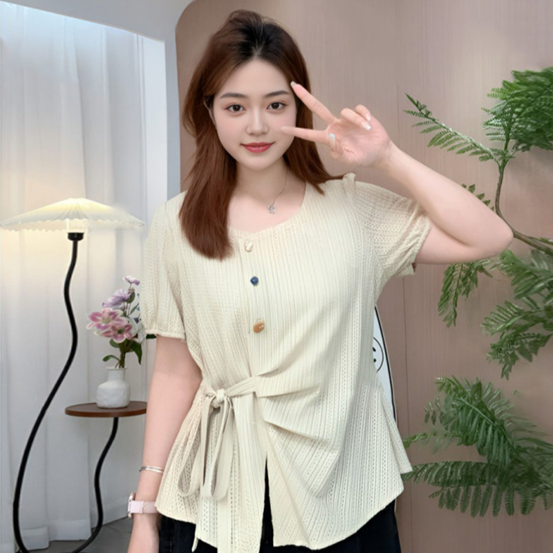 【8819桃】大码女装胖mm温柔风设计感短袖T恤宽松遮肚显瘦绑带上衣