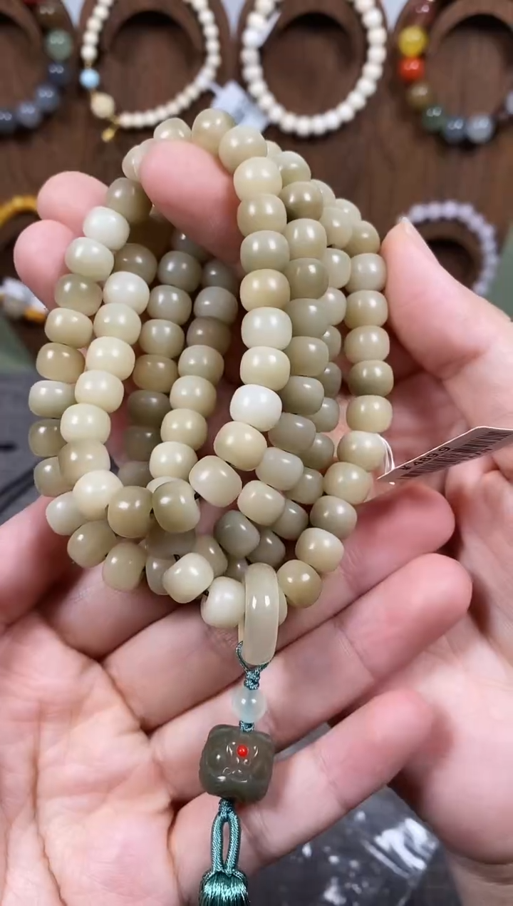 手串白玉菩提绿菩提渐变色7x9桶珠念珠醒狮款