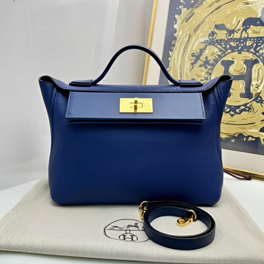 99新 Hermes/爱马仕 小花姑姑335604 2424-29小号 宝石蓝D刻包