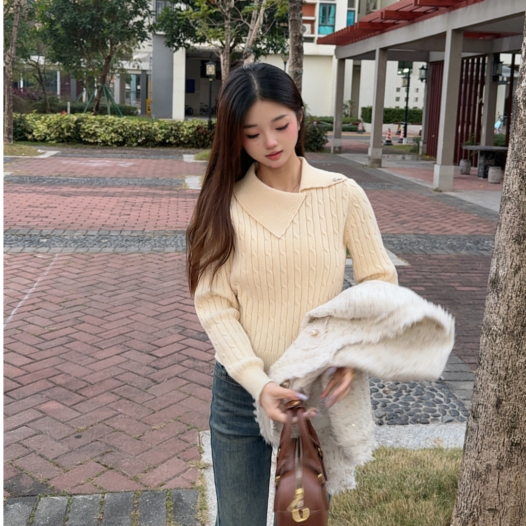 网红毛针织衫针织加厚秋冬米白色柔软中领毛衣时尚短款毛衣外套