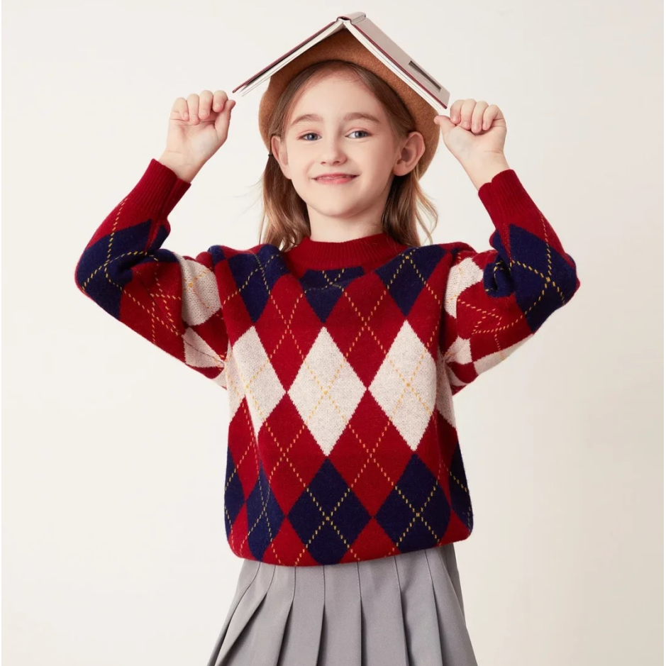 秋冬上新100%绵羊毛圆领菱形格撞色儿童羊毛衫25DAK1236