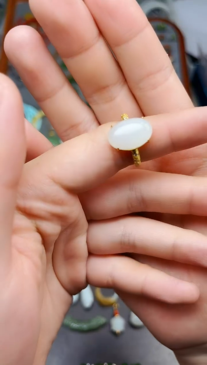 银S925镶嵌戒指和田玉白玉戒指06