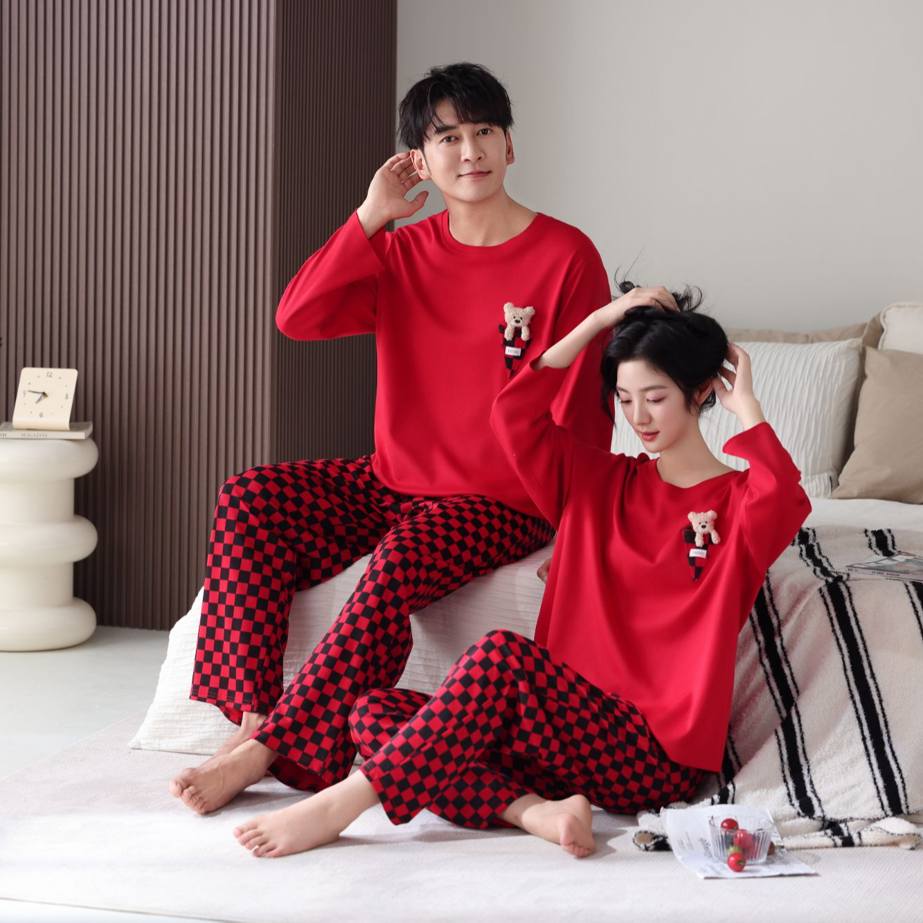 Vation/华纯长袖女秋季皮筋薄款情侣休闲睡衣夏季轻熟风晕染