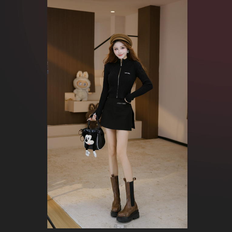 针织开衫女纯欲辣妹短款半高领上衣内搭拉链毛衣KI-11T00050