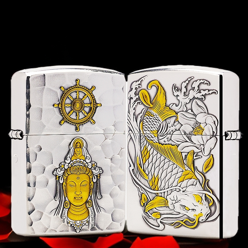 ZIPPO/之宝打火机镀银鎏金【观心龙鱼】盔甲机原装正品煤油机DYJ1