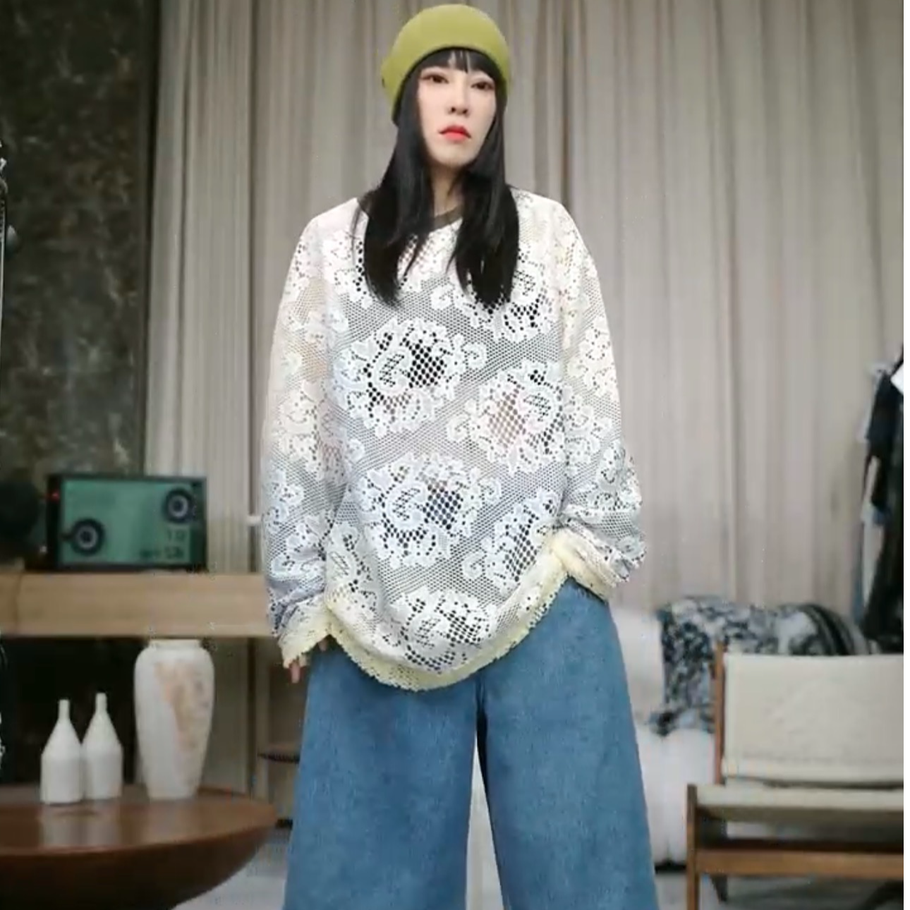 infobyfive福利秋冬新款小黄渐变镂空蕾丝花朵长袖五店NF0507518