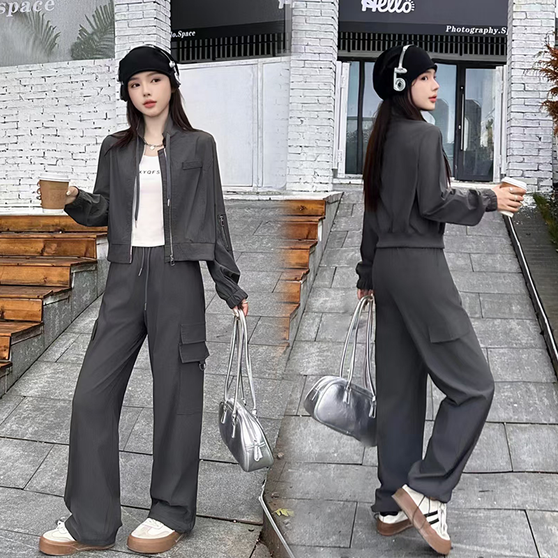 时尚休闲工装套装2025春季新款短款外套内搭显瘦阔腿裤三件套627 