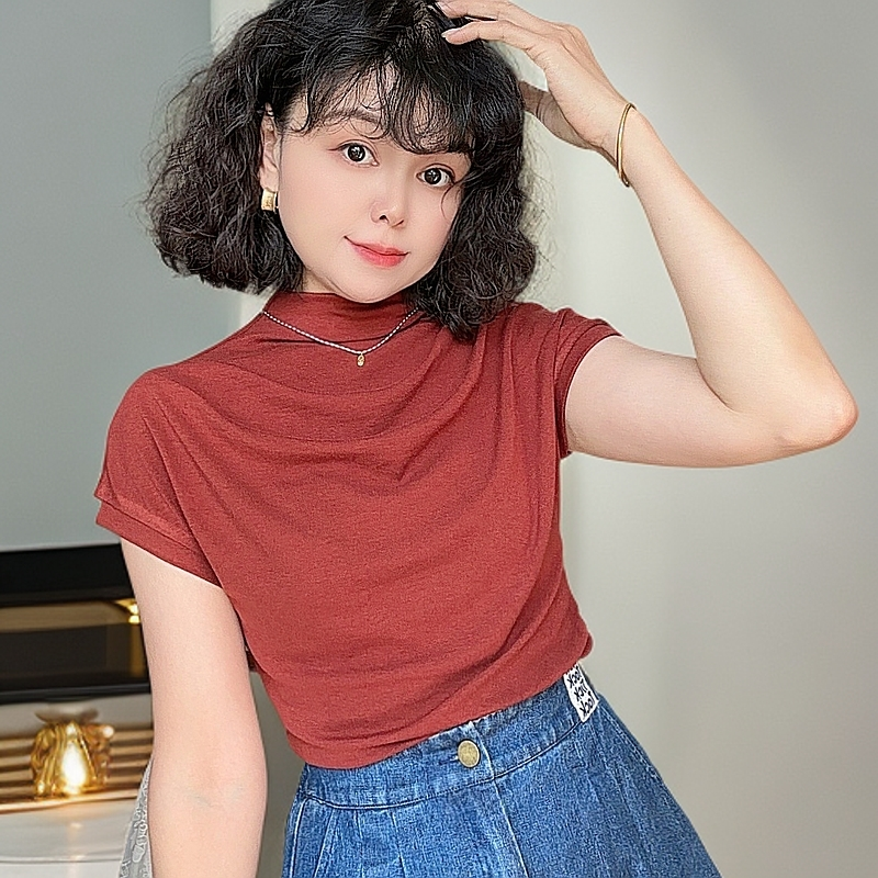 艾欧雯半高领短袖上衣女2024秋季宽松休闲小飞袖褶皱弹力打底T恤
