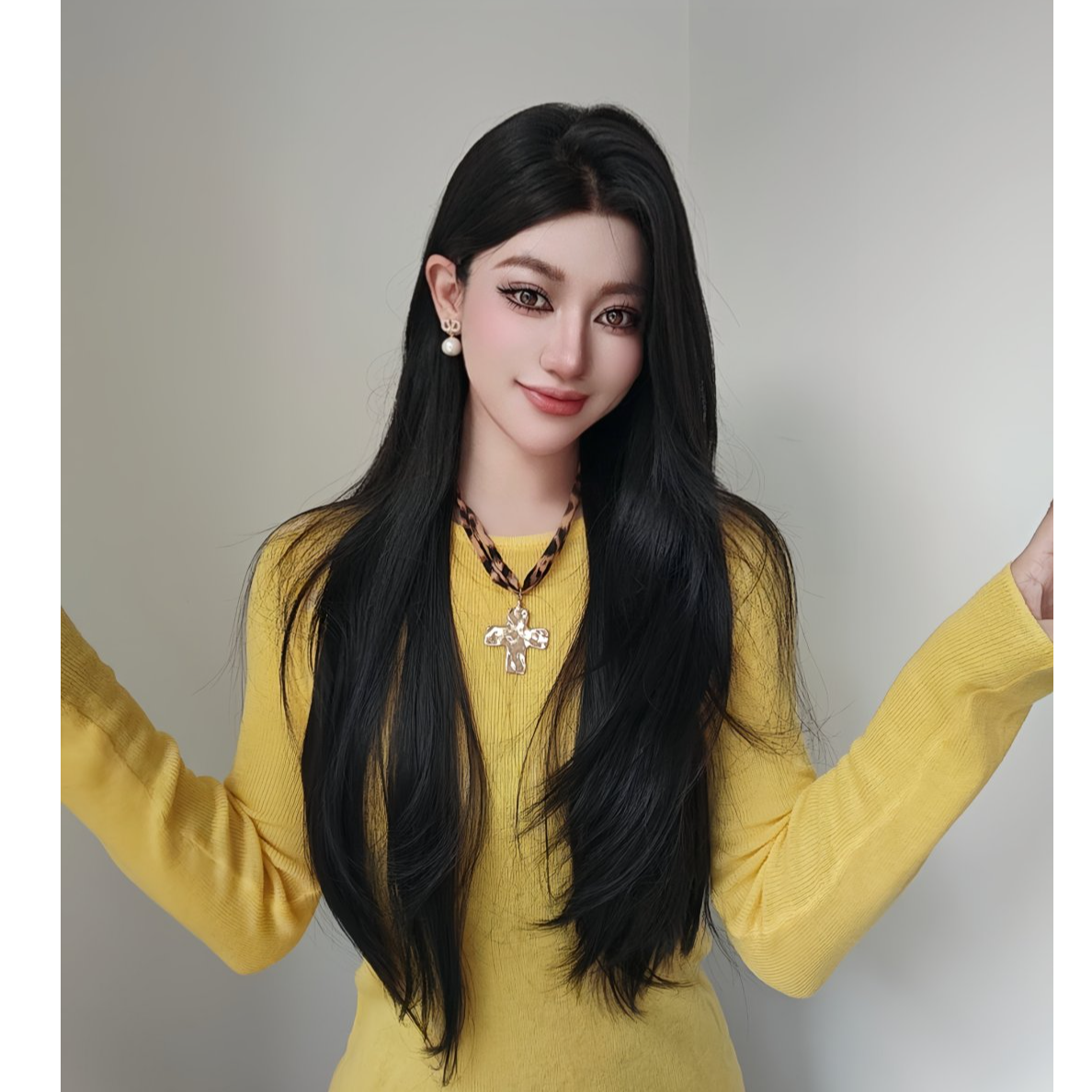 【iu】13*6大面积蕾丝高层次自然黑轻薄长直发假发全头套