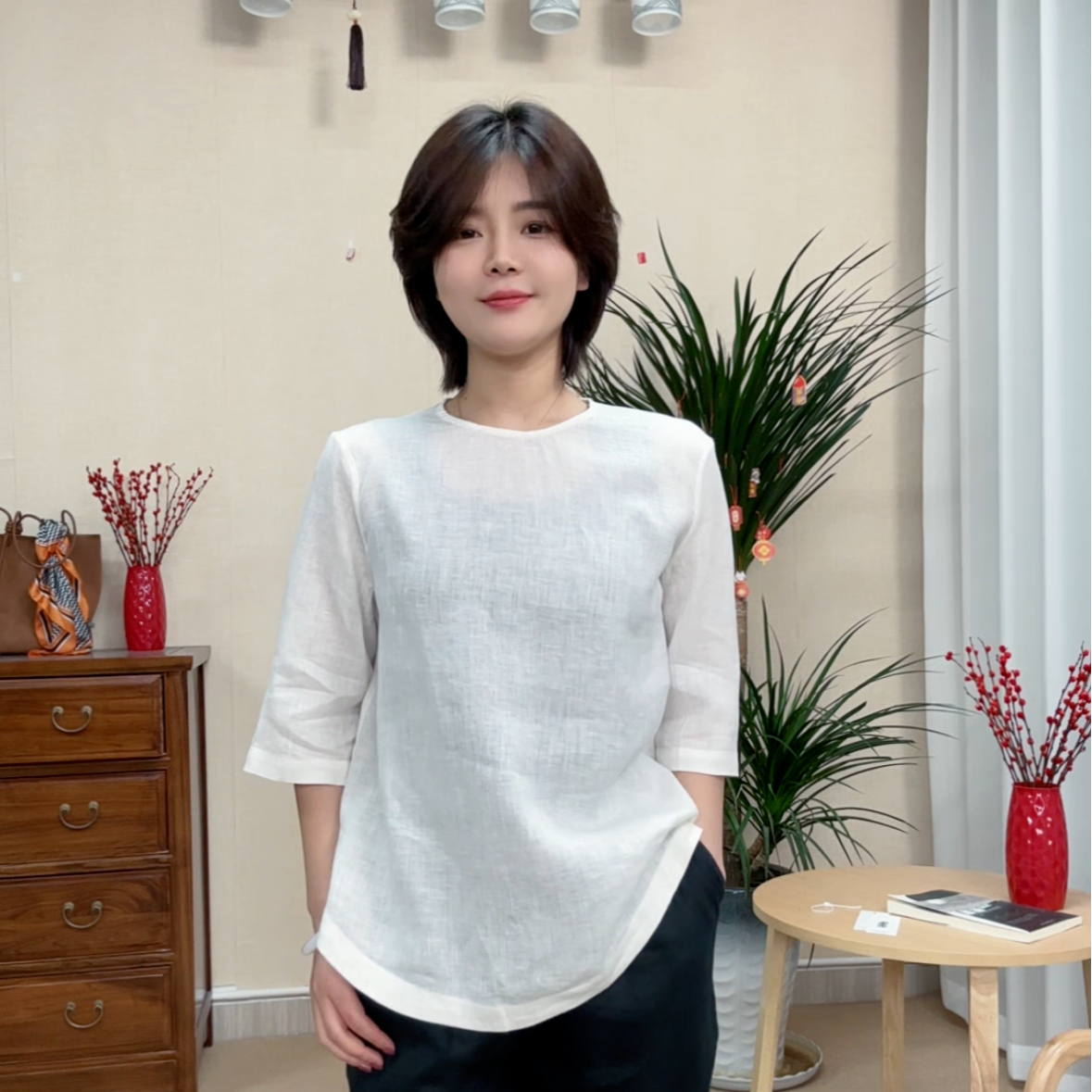 悦悦麻衣夏季新100汉麻圆领衫休闲宽松百搭文艺七分袖衬衫25001