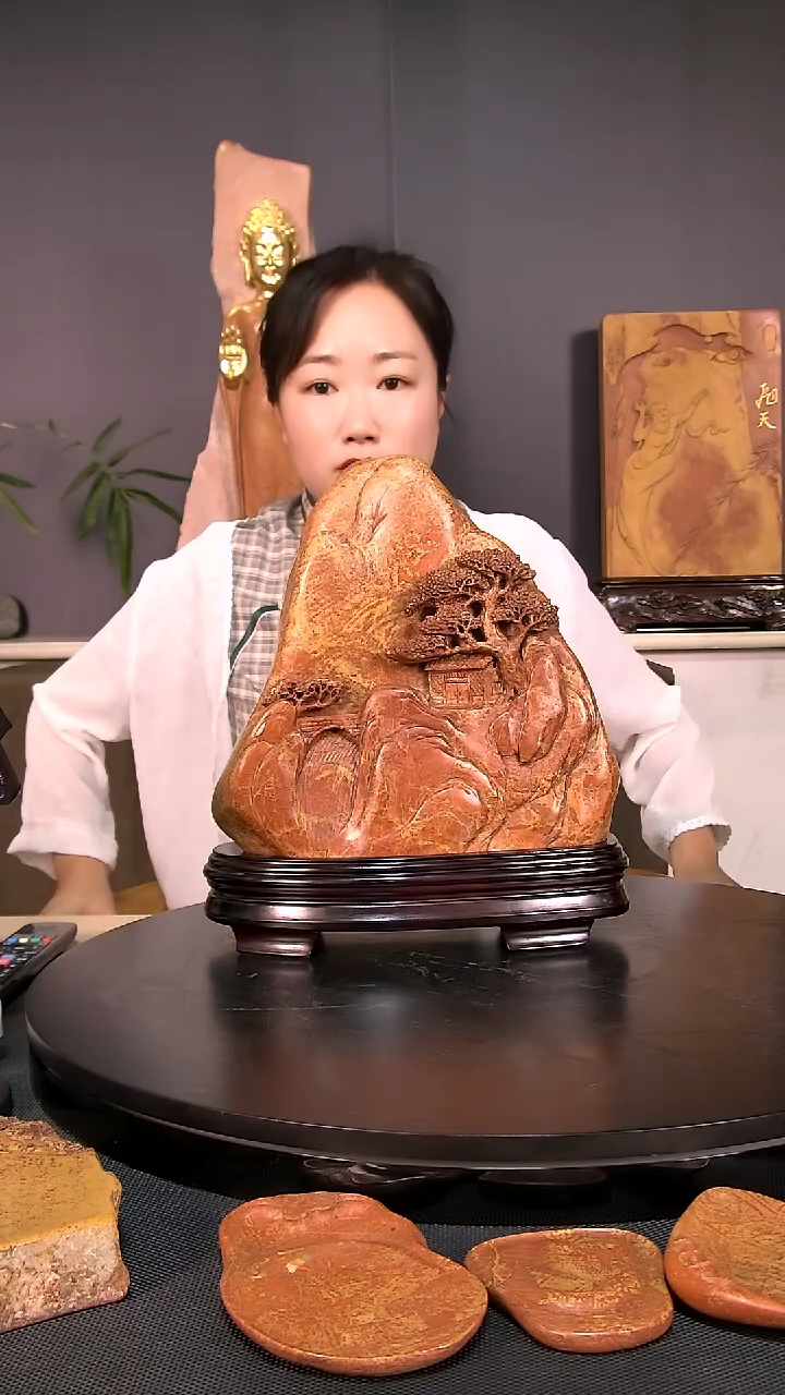 非遗青州黑山老坑精品红丝石摆件