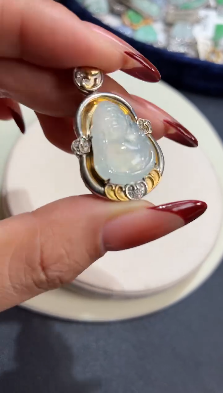 吊坠(不含链)银S925镶嵌翡翠财神