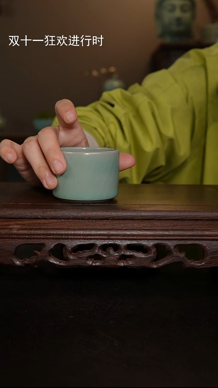 摆件瓷仿古手工军绿扳指杯