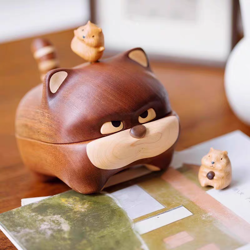 小猫咪老鼠收纳盒可爱摆件原实木质杂物首饰钥匙玄关家居装饰礼物