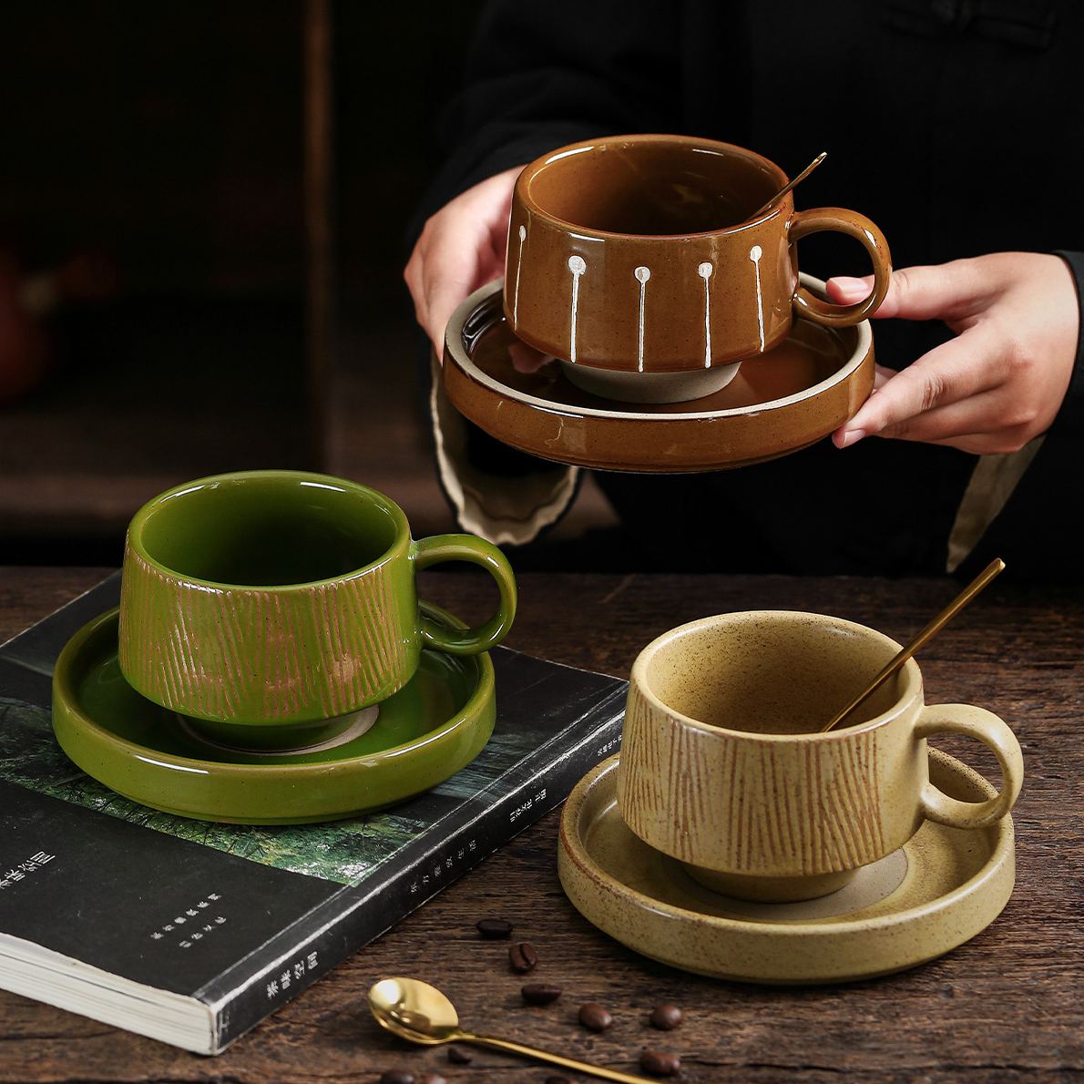 复古美学咖啡杯碟手工咖啡杯复古风陶瓷杯创意杯碟粗陶拿铁杯