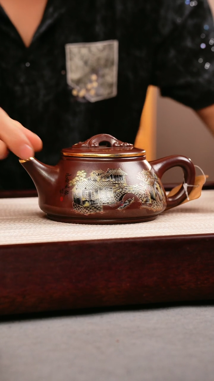 茶壶紫砂石红 剑流石瓢 忆江南珐琅彩