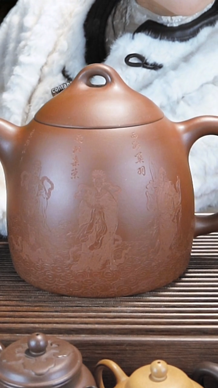 茶壶紫砂超大秦权 底槽清泥料 五路财神刻绘