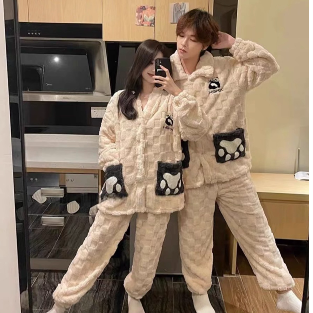 珊瑚绒睡衣男女士秋冬季加绒加厚情侣家居服套装黑色猫爪（男生款）