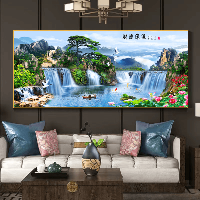 轻奢晶瓷迎客松客厅沙发背景挂画立千里江客厅卧室静心装饰画