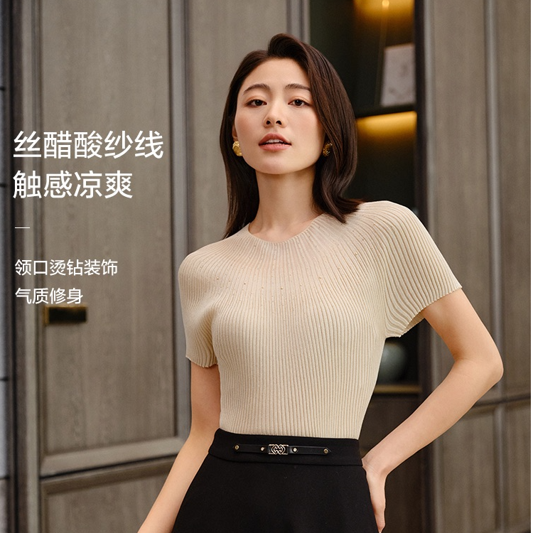 EP雅莹高端系列 醋酸烫钻修身圆领短袖针织衫  9901A