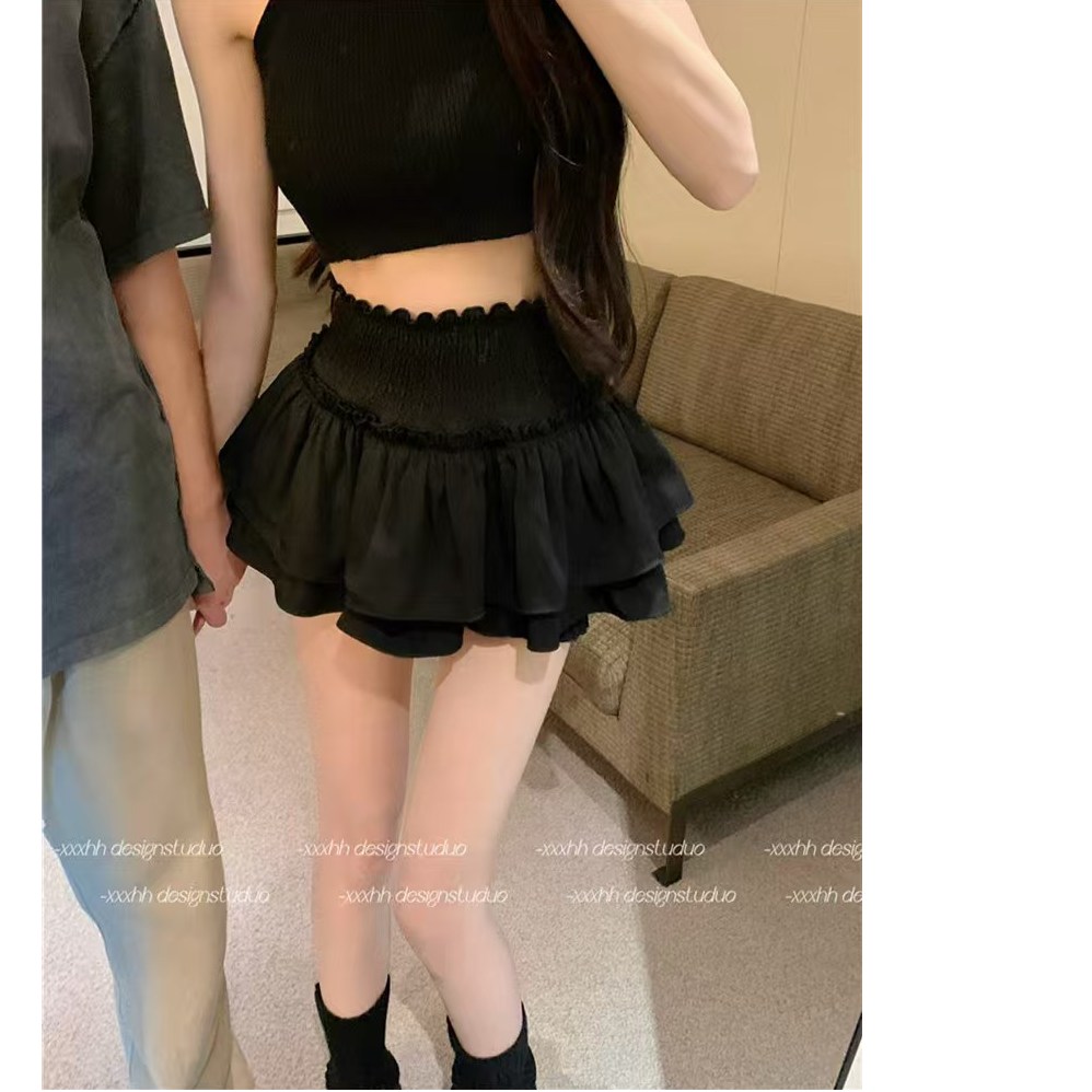 黑色蓬蓬半身裙女夏季芭蕾风蛋糕裙子高腰显瘦a字裙防走光短裤裙