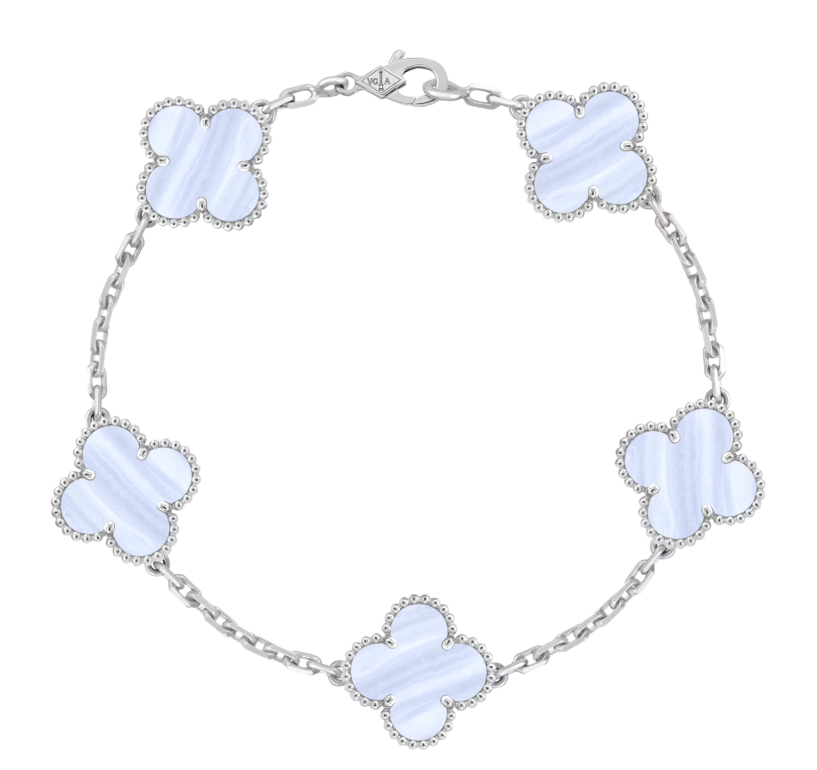 99新 梵克雅宝  Vintage Alhambra 18k白金紫玉髓 五花 手链