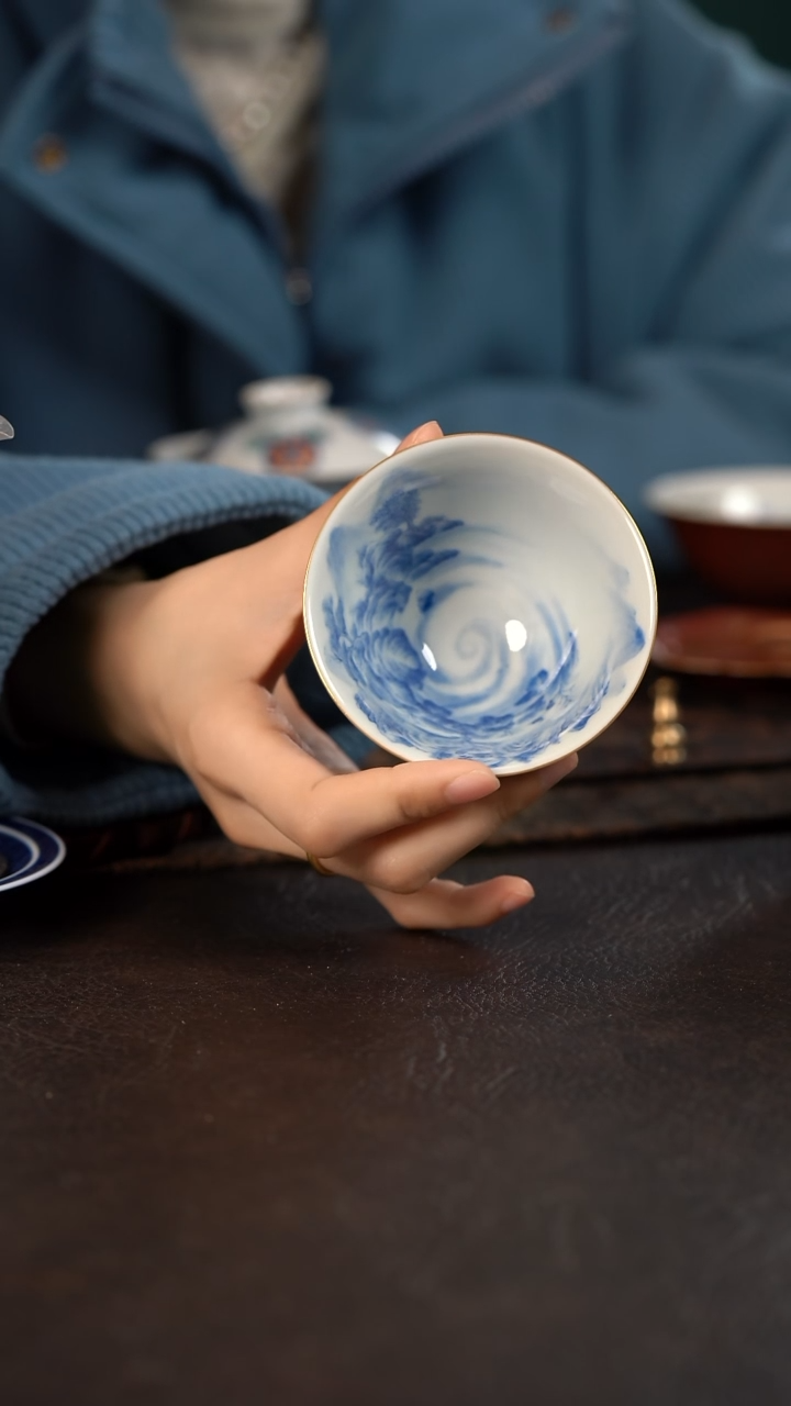 【闪购商品】杯781聚澜堂红金花山水斗笠杯