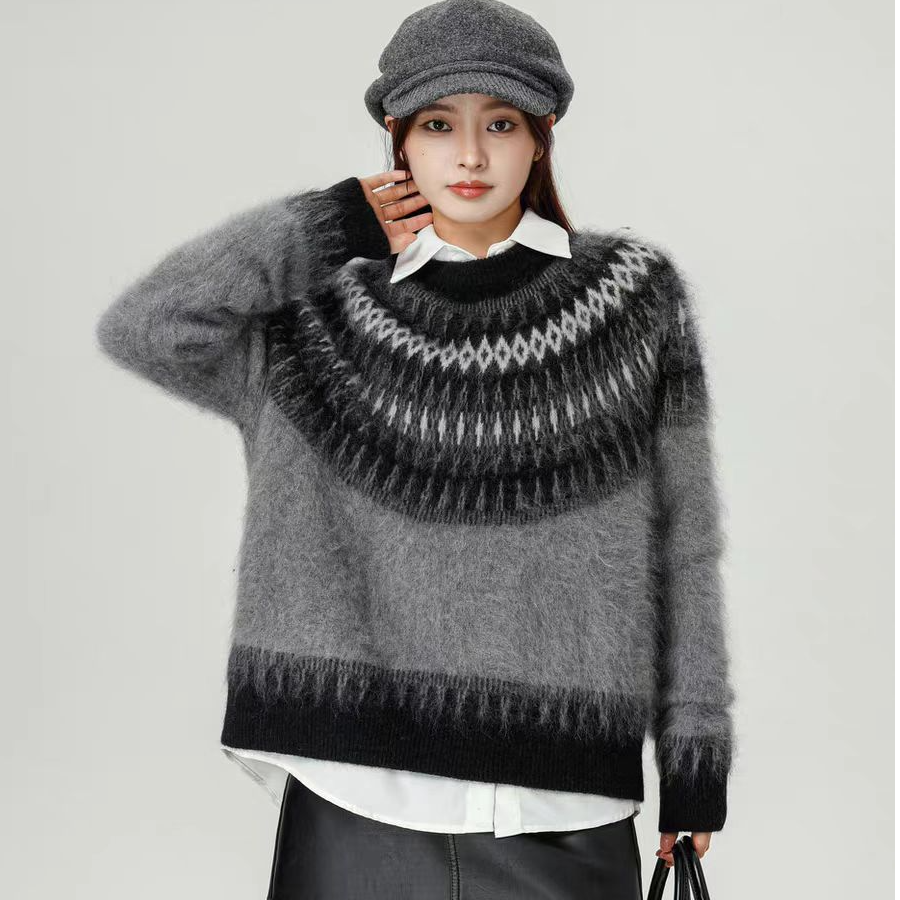 线下599#【黑凤凰】大角羊拉绒费尔岛提花圆领套头长袖针织衫005