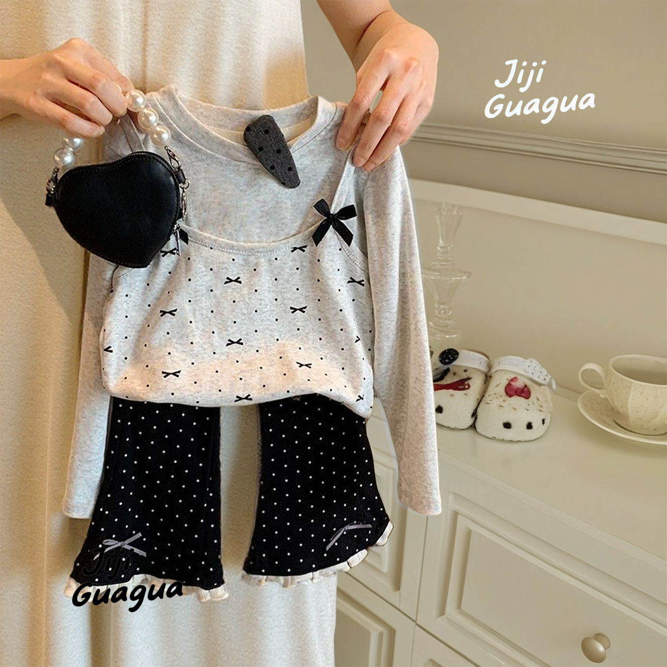 女童春季套装儿童波点蝴蝶结喇叭裤宝宝假两件长袖上衣洋气时髦款