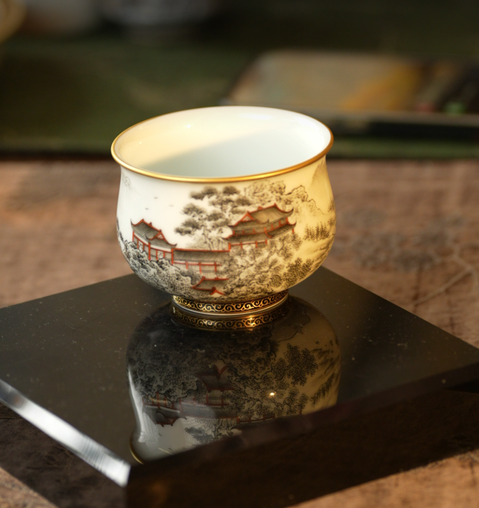 麟波阁丨景德镇手绘茶具解画山水墨彩描金鹳雀楼如事杯