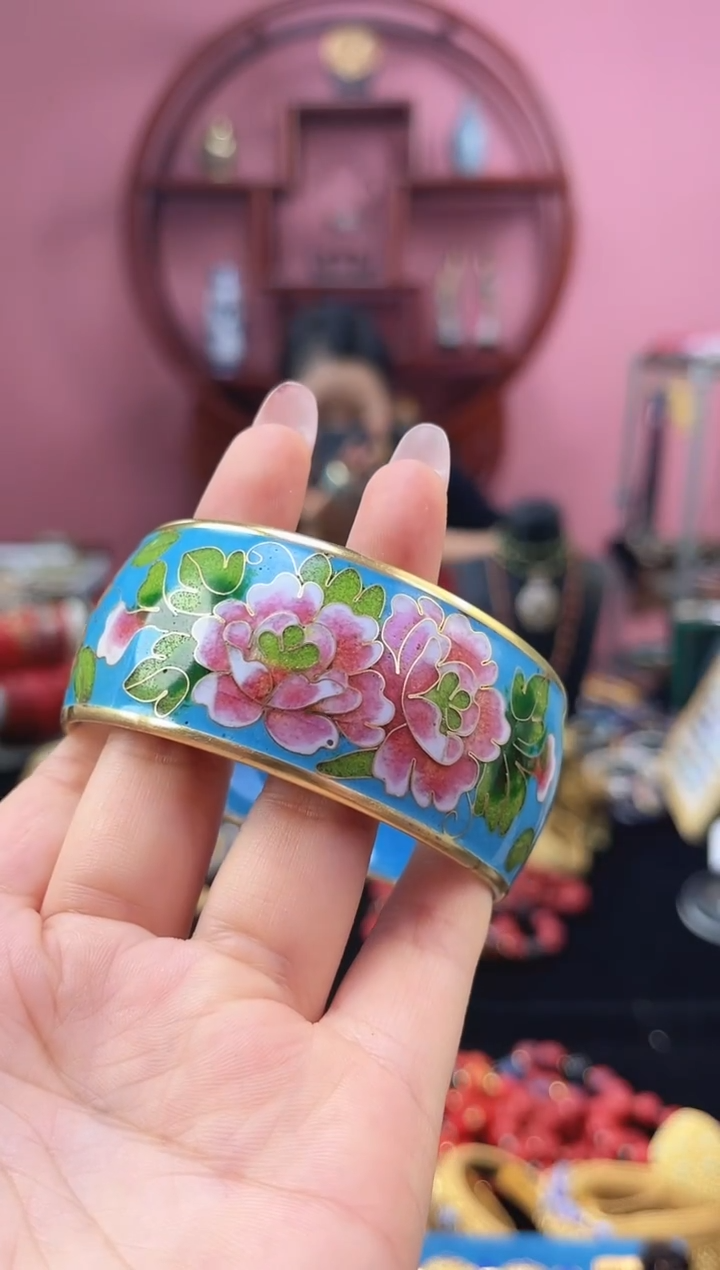 景泰蓝银蓝千叶牡丹宽镯 56-62+ 天蓝