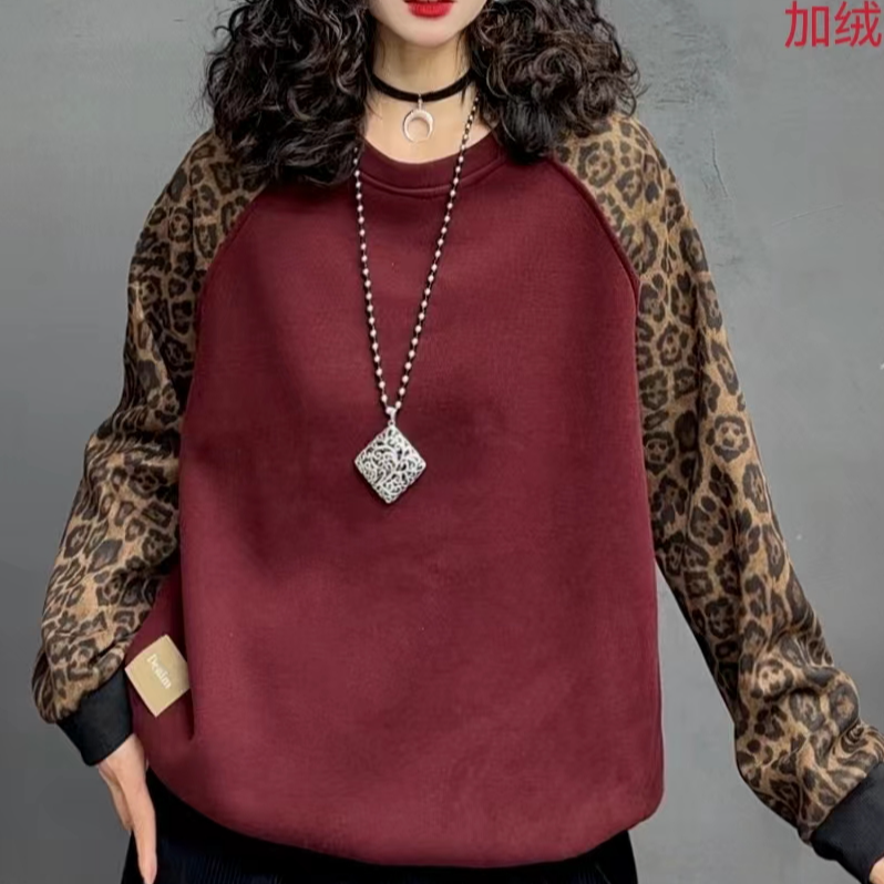 6418新款加绒秋冬休闲百度气质减龄豹纹拼接长袖上衣