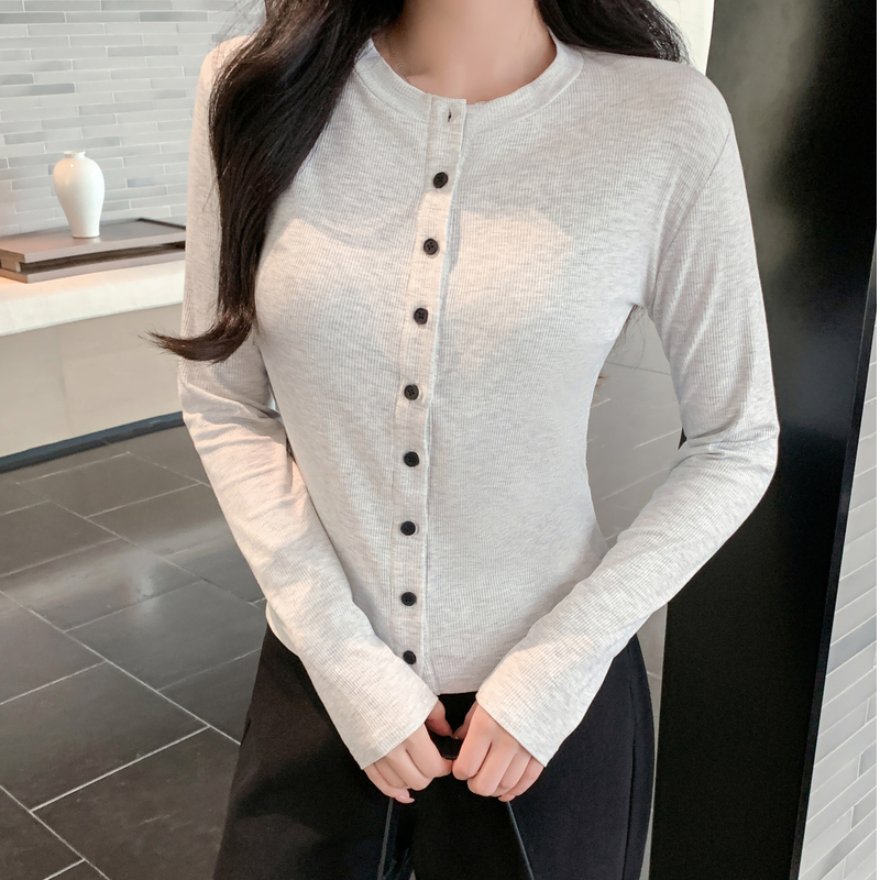 2025早春季排扣修身螺纹正肩U领长袖t恤女打底衫显瘦外穿潮