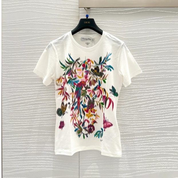 慕溢-25时尚白色短袖圆领彩色叶子印花T恤