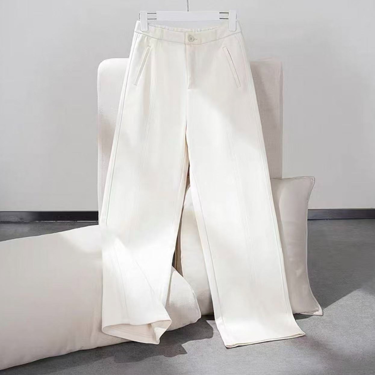 9333-（小直筒）羊毛毛呢立体挺缝线烟管裤（米白）