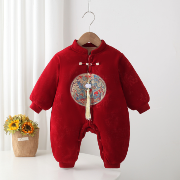 婴幼儿可爱宝宝休闲百搭新年款式外出服装立领团花棉哈衣