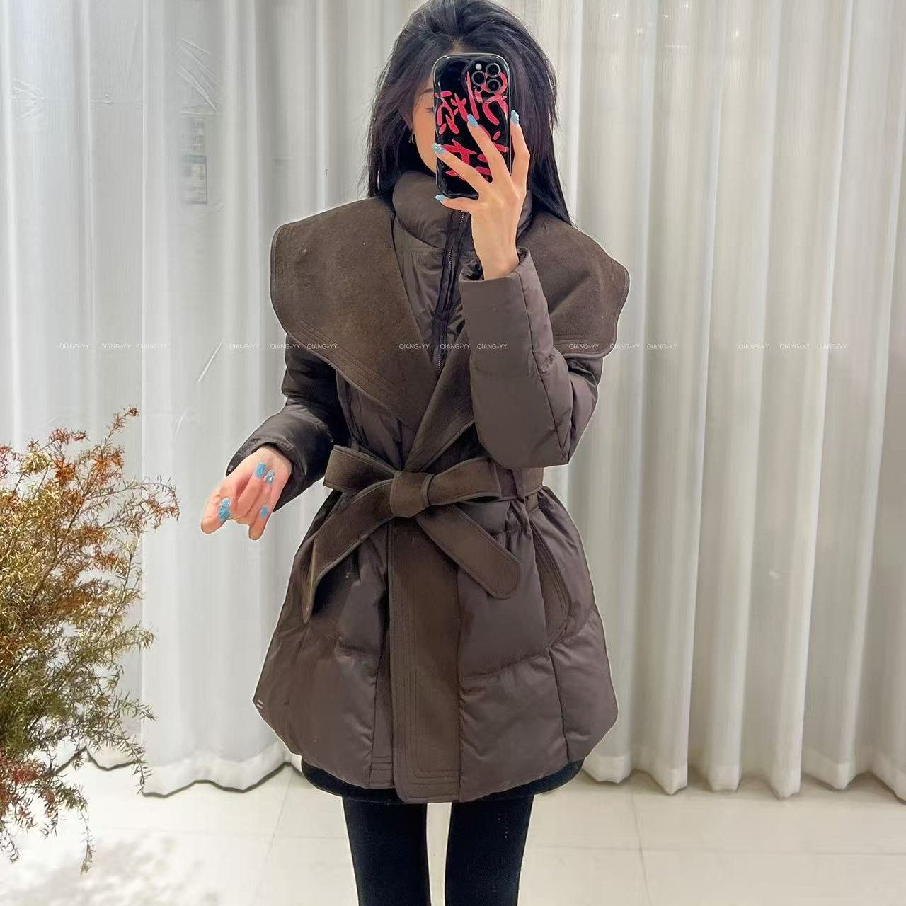 设计师长袖加厚中长款咖色百搭羽绒服151