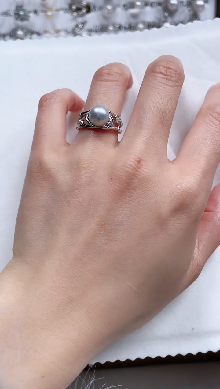 【闪购商品】海水珍珠戒指银S925镶嵌海水珍珠开口银戒竹节款
