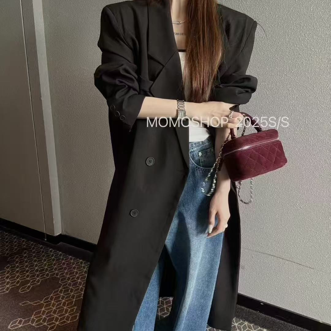 2025开春新款高级感双排扣收腰长款西装纯色大衣外套女