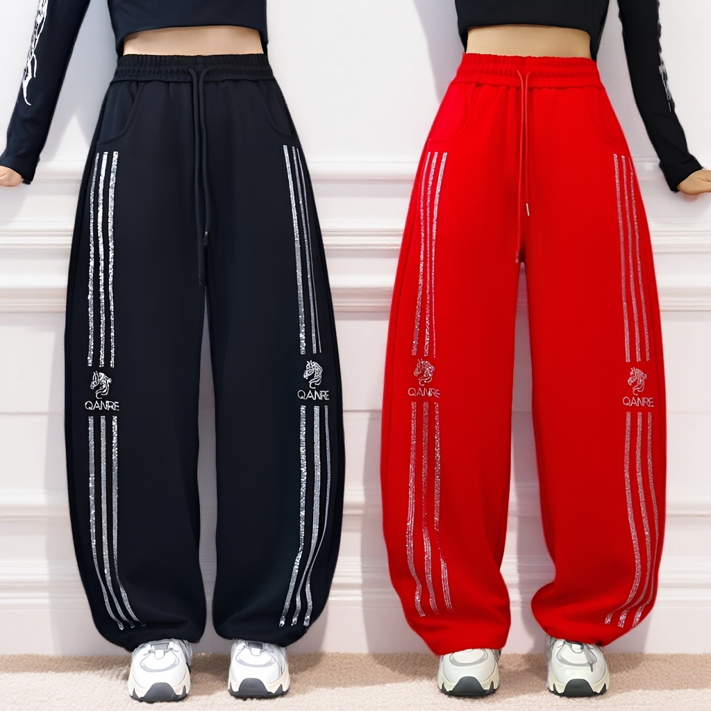 纤瑞雪【552款烫钻抽绳卫裤阔腿裤】秋冬加厚不加绒复合棉抽绳卫裤