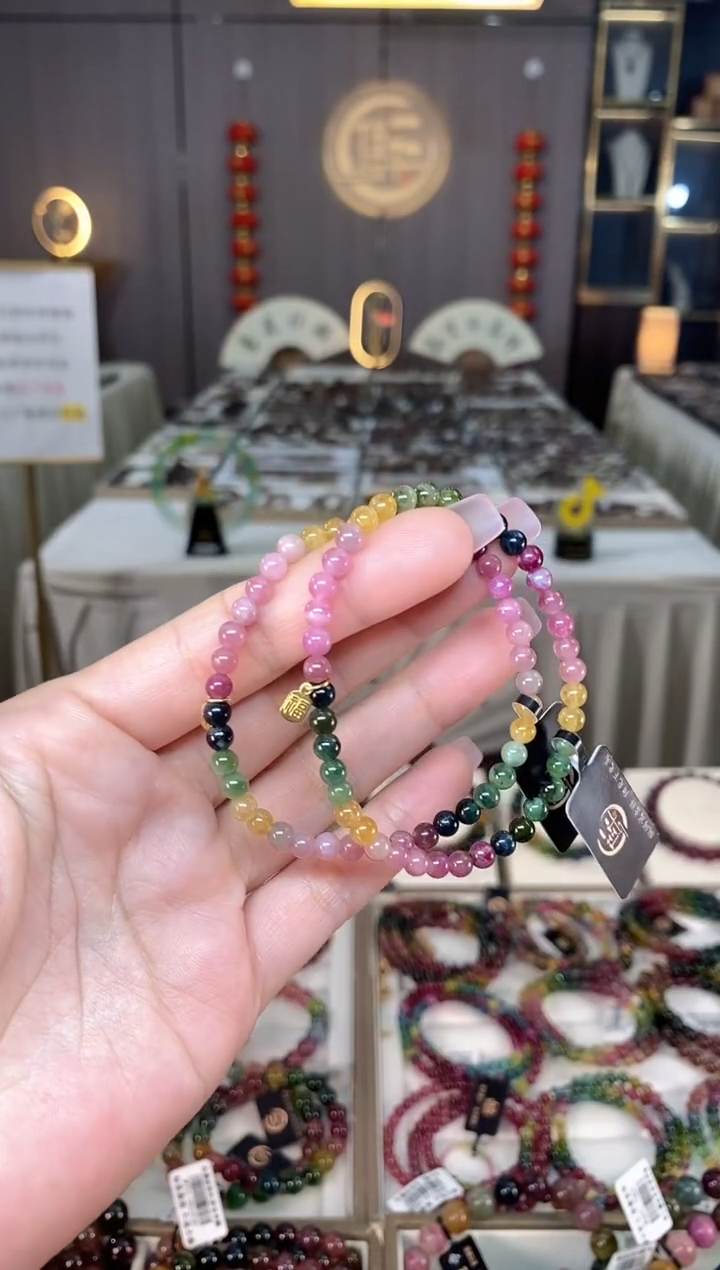 未镶嵌老矿碧玺彩虹单圈手串4mm+碧玺hon多样性发货一条