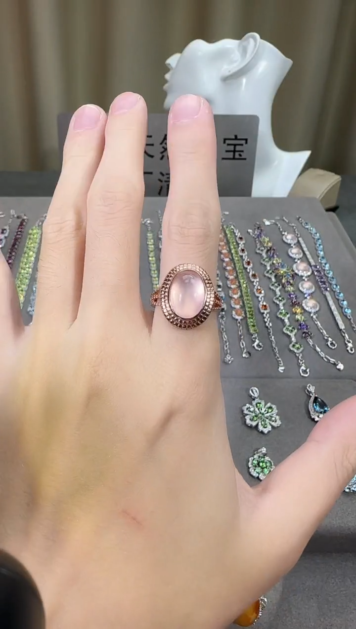 银S925镶嵌戒指芙蓉石9*12mm星光粉水晶戒指