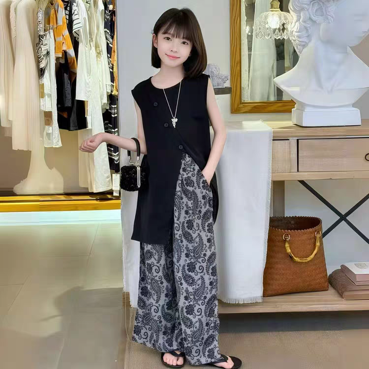 女童韩系休闲套装夏2025洋气中长款开叉T恤女孩印花阔腿裤两件套