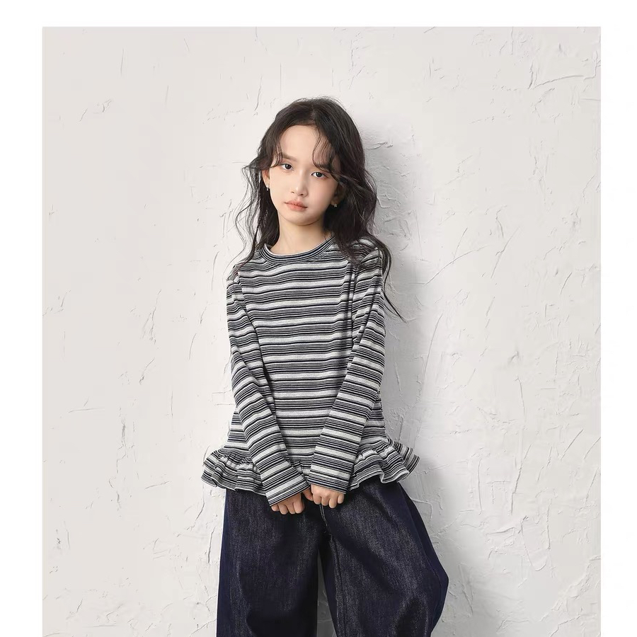 2026春季新品童装韩版潮女童条纹上衣洋气可叠穿百搭T恤衫