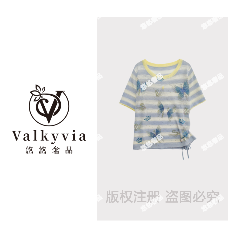 【Valkyvia/悠悠奢品】天丝亚麻条纹烫钻蝴蝶天鹅抽绳针织衫msl562