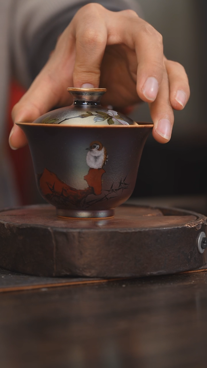 【闪购商品】杯126柴房陶瓷柴烧 窑宝花鸟盖碗